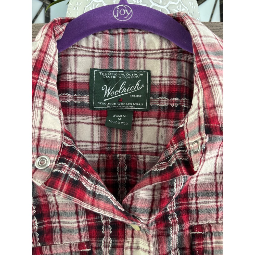 Woolrich Womens Medium Red Cream Plaid Embroidered Button Down Flannel Shirt
